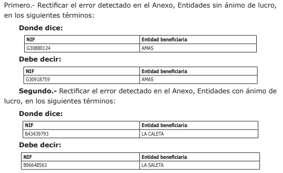 Primero: rectificar el error detectado en el anexo, Entidades Sin Ánimo de Lucro, en los siguientes términos: Donde dice NIF G30880124 de entidad beneficiaria AMAS, debe decir NIF G30918759 y entidad beneficiaria AMAS; Segundo: Rectificar el error detectado en el anexo, Entidades con ánimo de lucro en los siguientes términos: Donde dice NIF B43439793 de entidad beneficiaria La Caleta. debe decir NIF La Saleta