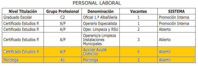 Personal Laboral. Nivel Titulación: Certificado Estudios P.; Grupo Profesional: A/P; Denominación: Auxiliar Ayuda Domicilio; Vacantes: 6; Sistema: Abierto. Nivel titulación: Psicóloga; Grupo profesional: A1; Denominación: Psicóloga; Vacantes: 2; Sistema: abierto