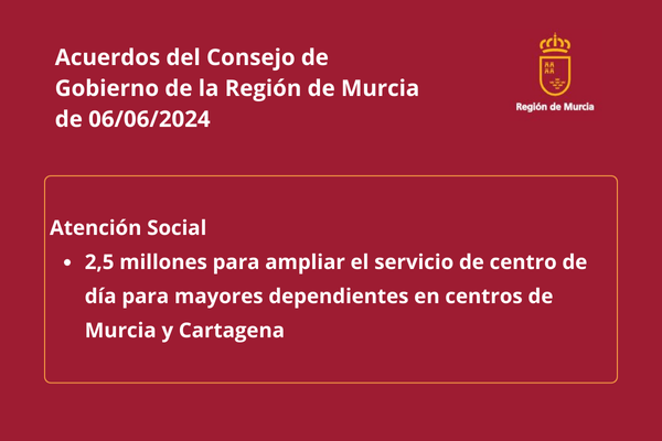 Acuerdos del Consejo de Gobierno de la Región de Murcia del 06 de junio de 2024. Atención Social: 2,5 millones para ampliar el servicio de centro de día para mayores dependientes en centros de Murcia y Cartagena