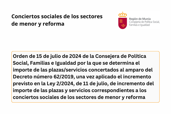 Conciertos sociales de los sectores de menor y reforma. Orden de 15 de julio de 2024 de la Consejera de Política Social, Familias e Igualdad por la que se determina el importe de las plazas/servicios concertados al amparo del Decreto número 62/2019, una vez aplicado el incremento previsto en la Ley 2/2024, de 11 de julio, de incremento del importe de las plazas y servicios correspondientes a los conciertos sociales de los sectores de menor y reforma