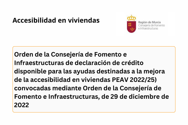 Accesibilidad en viviendas. Consejería de Fomento e Infraestructuras. Orden de la Consejería de Fomento e Infraestructuras de declaración de crédito disponible para las ayudas destinadas a la mejora de la accesibilidad en viviendas PEAV 2022/25) convocadas mediante Orden de la Consejería de Fomento e Infraestructuras, de 29 de diciembre de 2022 