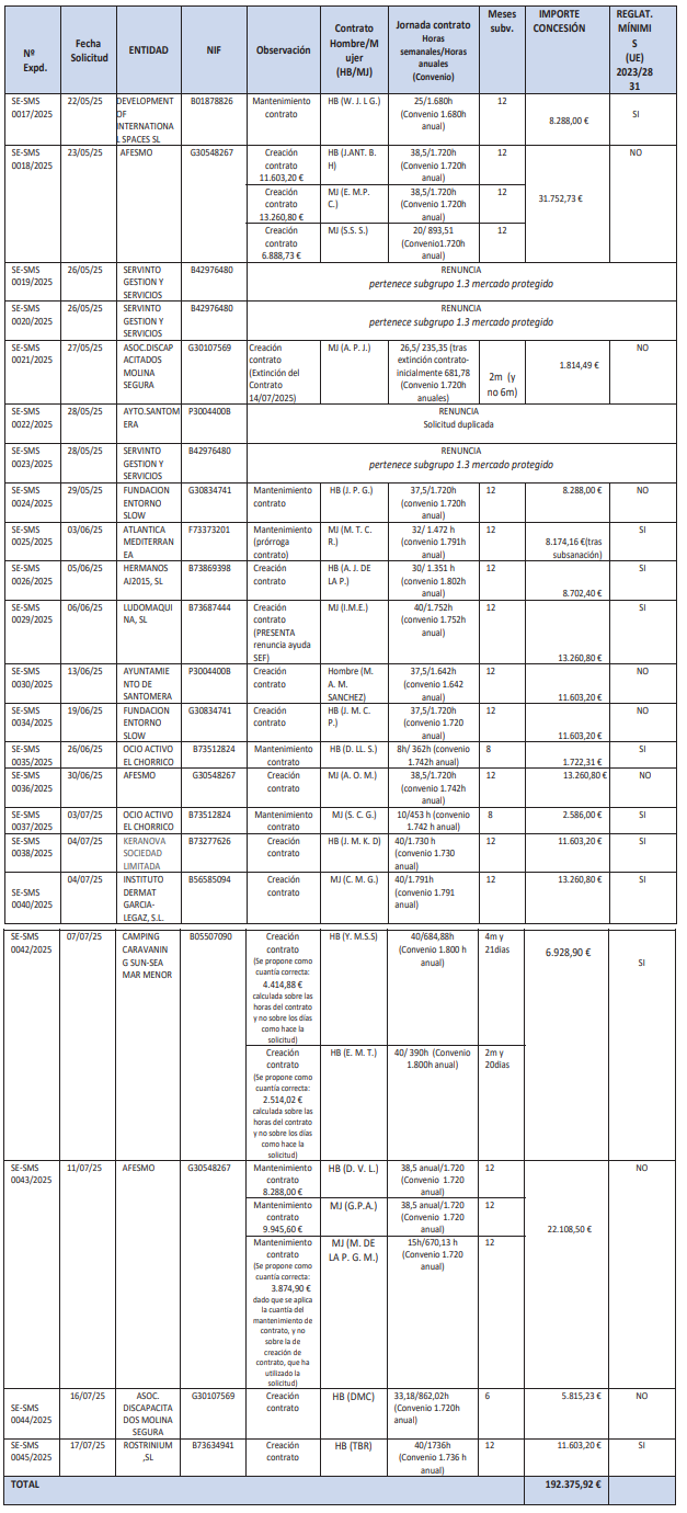 Tabla con la relación de entidades que cumplen los requisitos y se le conceden las subvenciones.
