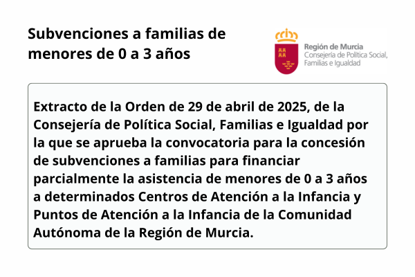 Subvenciones a familias de menores de 0 a 3 la Región de Murcia. Año 2024
